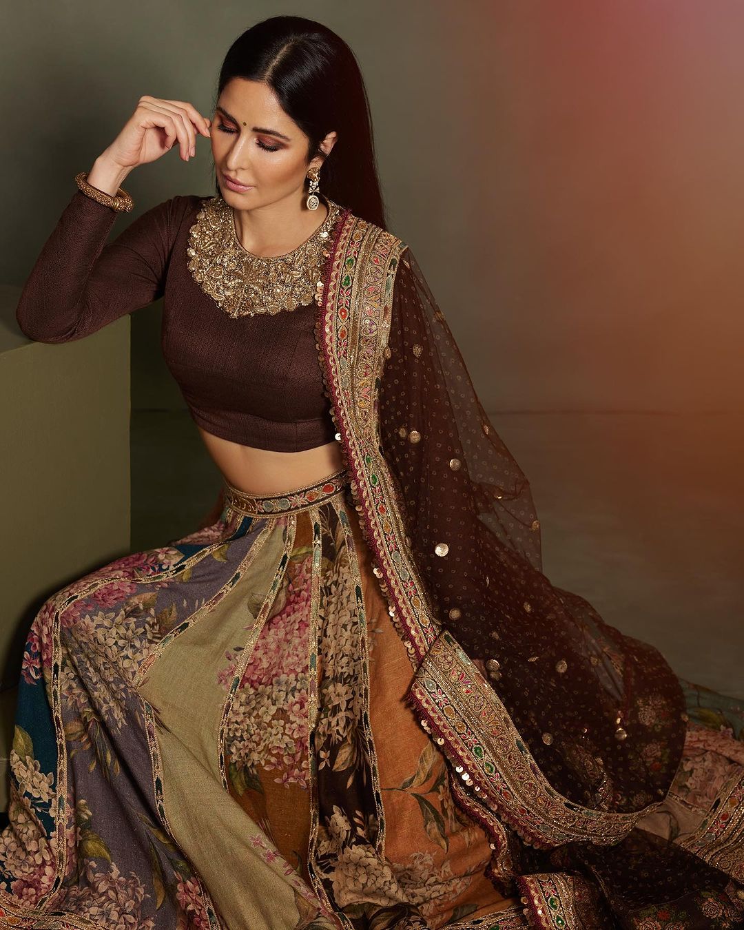 Beautiful Indian Actress Katrina Kaif in Maroon Lehenga Choli